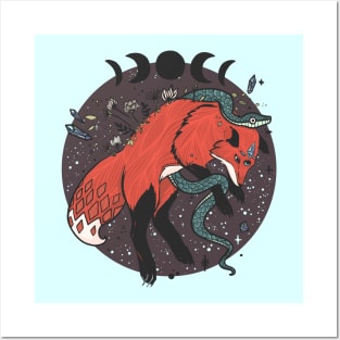 Fox Jumping With Snake, Moon Phases, Nature And Witchcraft Design Elements Posters and Art